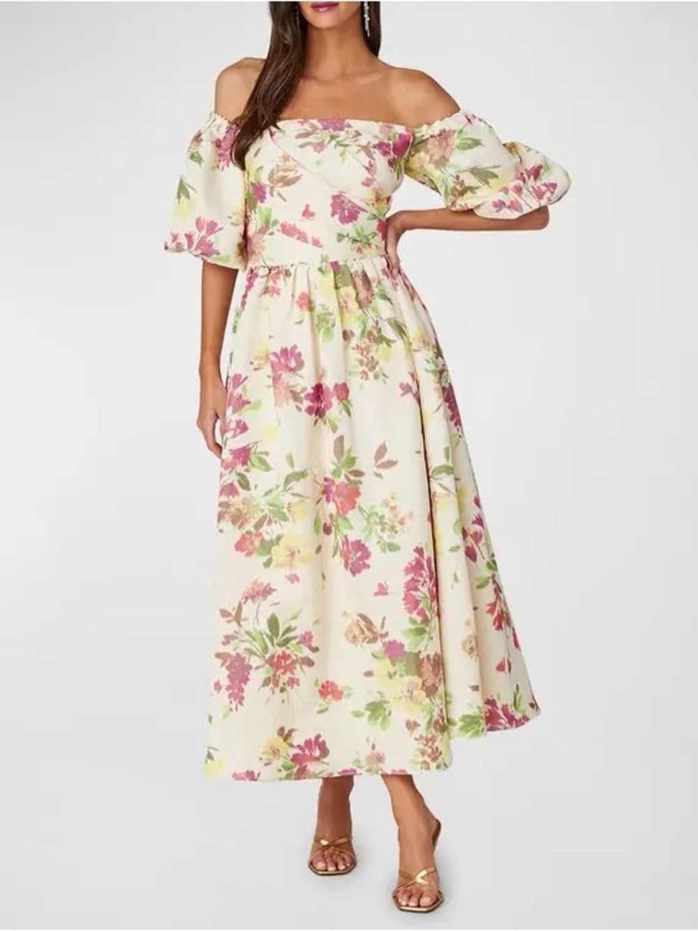 Shoshanna off-Shoulder Floral Midi Dress in Cream, Pink and Green